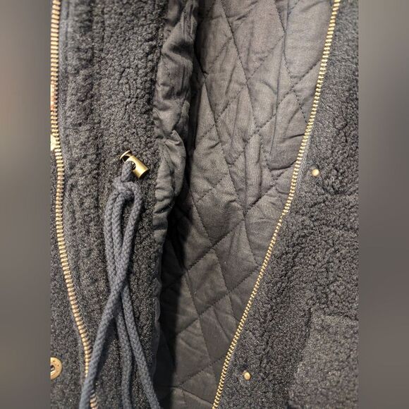 New Eden Society Womens Black sherpa Jacket Coat snap button Pockets Hooded sz S - Picture 7 of 12